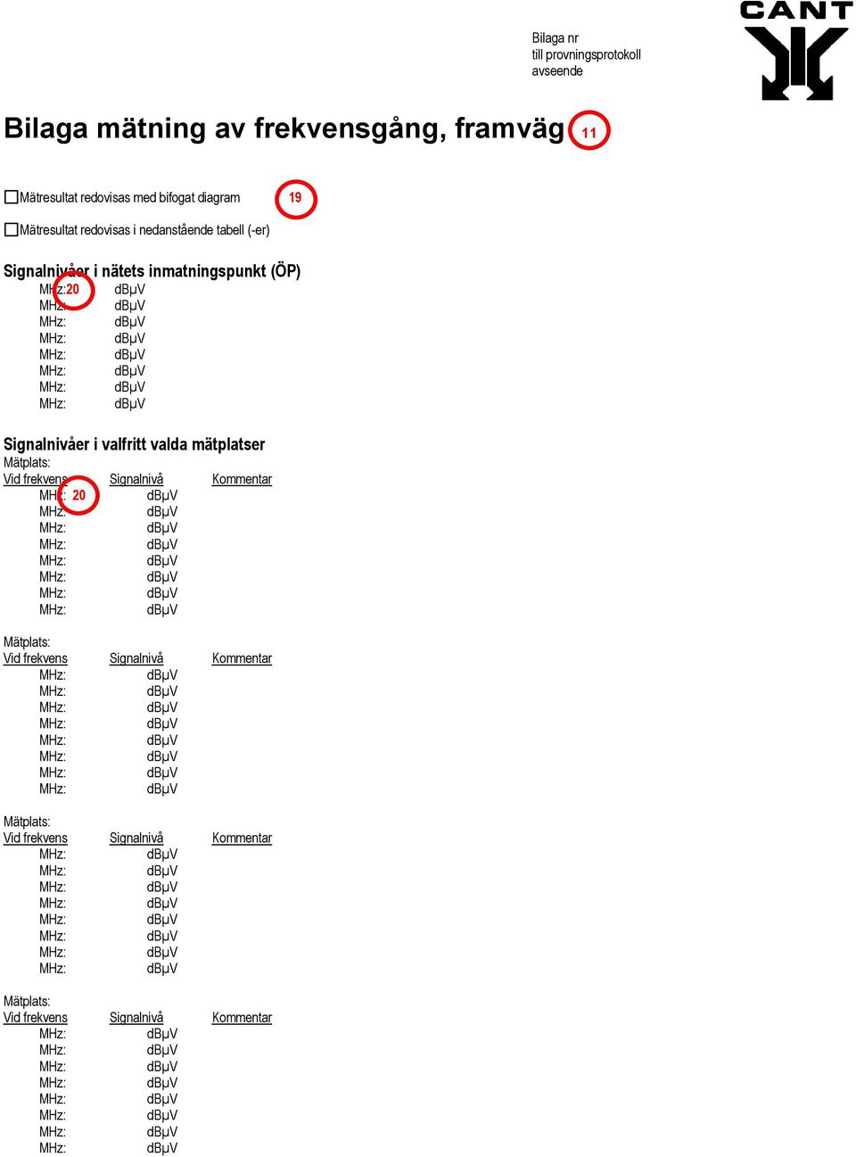 19 Mätresultat redovisas i nedanstående tabell (-er) Signalnivåer i