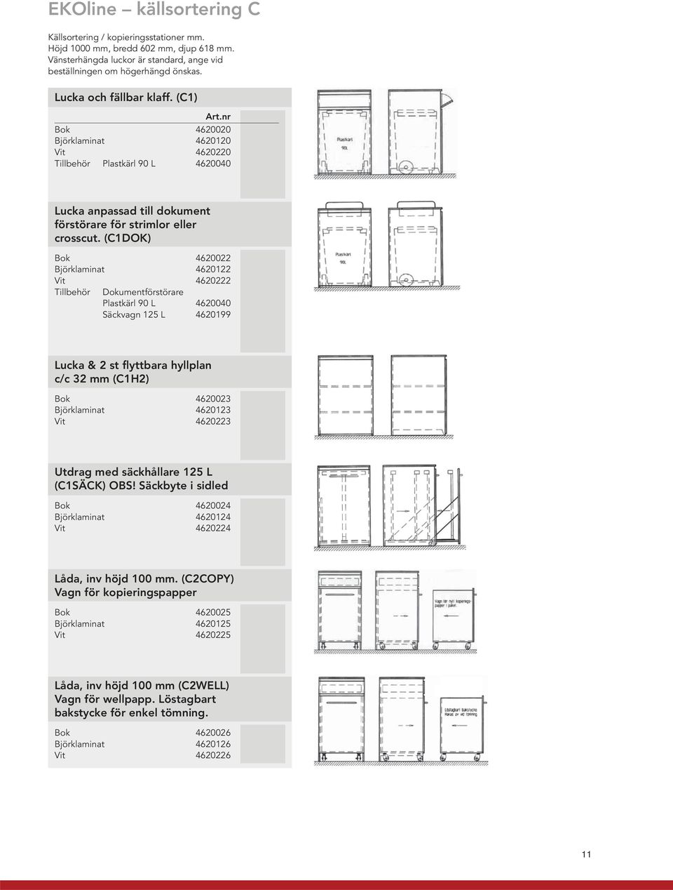 (C1DOK) Bok 4620022 Björklaminat 4620122 Vit 4620222 Tillbehör Dokumentförstörare Plastkärl 90 L 4620040 Säckvagn 125 L 4620199 Lucka & 2 st flyttbara hyllplan c/c 32 mm (C1H2) Bok 4620023