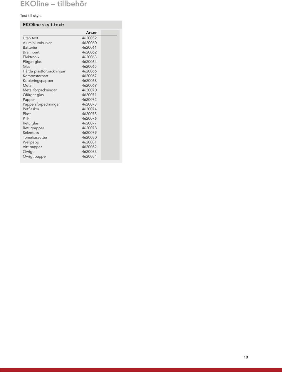 plastförpackningar 4620066 Komposterbart 4620067 Kopieringspapper 4620068 Metall 4620069 Metallförpackningar 4620070 Ofärgat glas 4620071 Papper