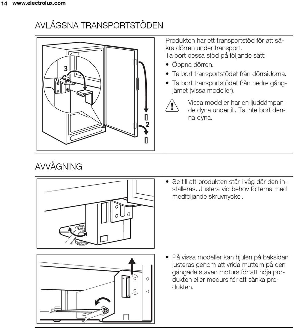Vissa modeller har en ljuddämpande dyna undertill. Ta inte bort denna dyna. AVVÄGNING Se till att produkten står i våg där den installeras.