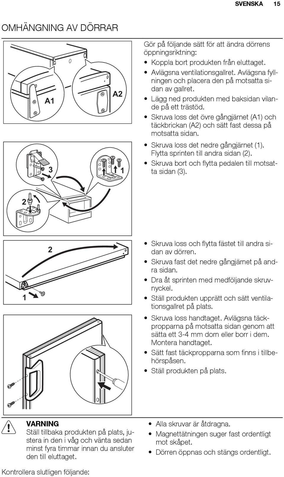 Skruva loss det övre gångjärnet (A1) och täckbrickan (A2) och sätt fast dessa på motsatta sidan. Skruva loss det nedre gångjärnet (1). Flytta sprinten till andra sidan (2).