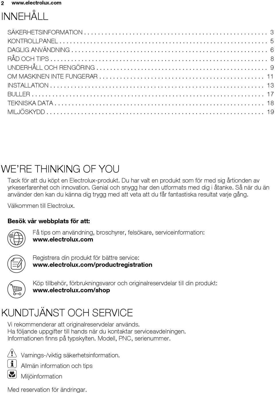............................................... 11 INSTALLATION.............................................................. 13 BULLER.................................................................... 17 TEKNISKA DATA.