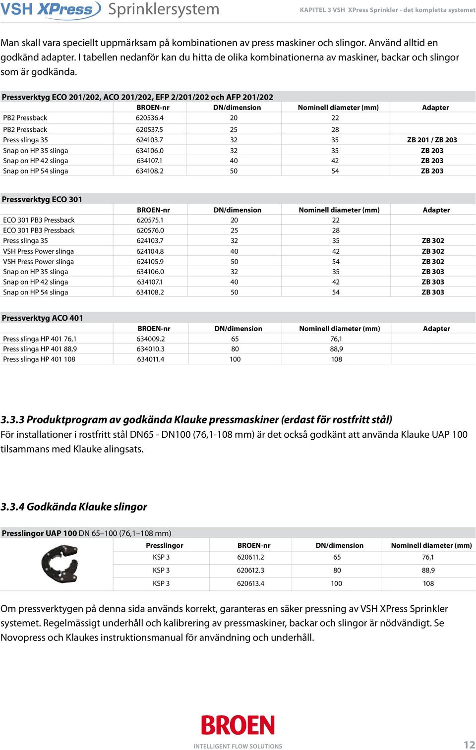 Pressverktyg ECO 201/202, ACO 201/202, EFP 2/201/202 och AFP 201/202 BROEN-nr DN/dimension Nominell diameter (mm) Adapter PB2 Pressback 620536.4 20 22 PB2 Pressback 620537.