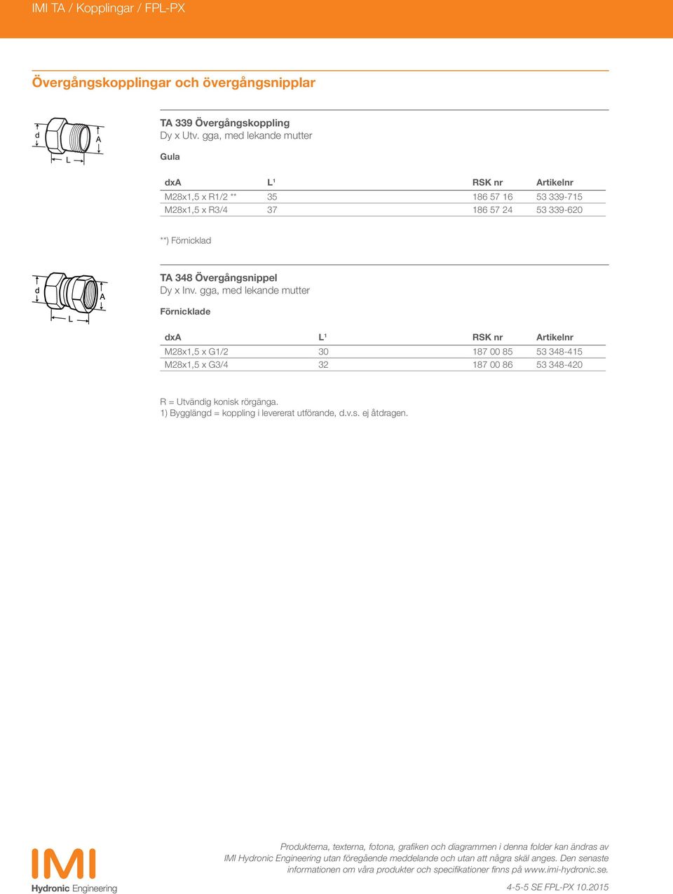 gga, me lekane mutter Förnicklae x L 1 RSK nr rtikelnr M28x1,5 x G1/2 30 187 00 85 53 348-415 M28x1,5 x G3/4 32 187 00 86 53 348-420 R = Utvänig konisk rörgänga.