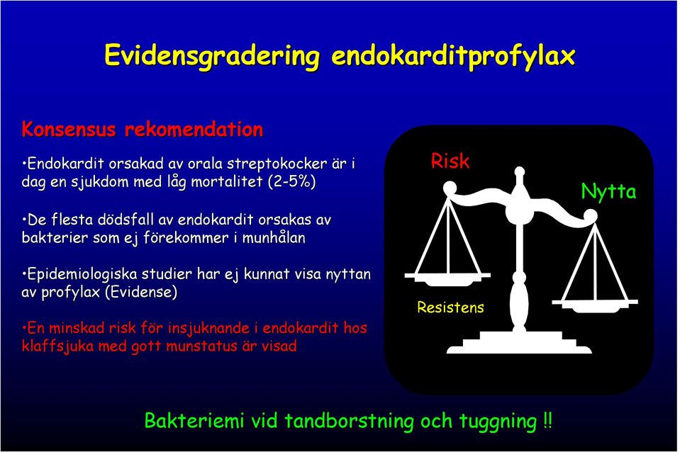 munhålan Epidemiologiska studier har ej kunnat visa nyttan av profylax (Evidense( Evidense) En minskad risk för f r