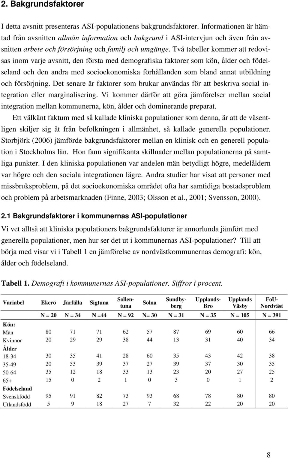 Två tabeller kommer att redovisas inom varje avsnitt, den första med demografiska faktorer som kön, ålder och födelseland och den andra med socioekonomiska förhållanden som bland annat utbildning och