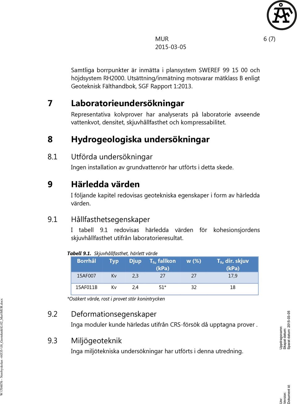 Utsättning/inmätning motsvarar mätklass B enligt Geoteknisk Fälthandbok, SGF Rapport 1:213.