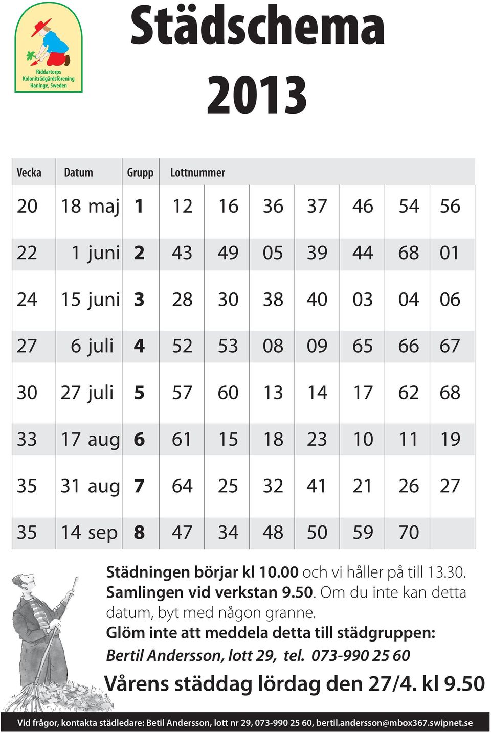 00 och vi håller på till 13.30. Samlingen vid verkstan 9.50. Om du inte kan detta datum, byt med någon granne.