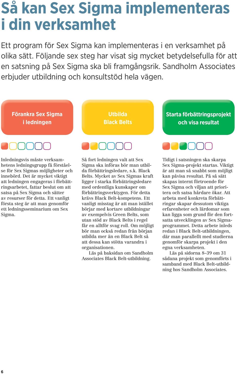 Förankra Sex Sigma i ledningen Utbilda Black Belts Starta förbättringsprojekt och visa resultat Inledningsvis måste verksamhetens ledningsgrupp få förståelse för Sex Sigmas möjligheter och innebörd.