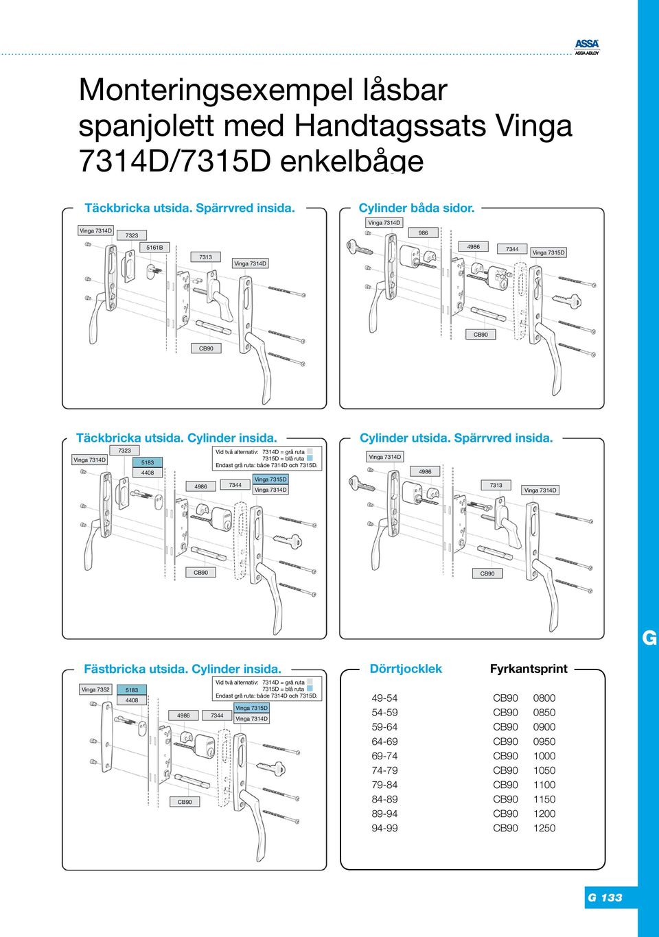 Vinga 7314D 7323 5183 4408 4986 Vid två alternativ: 7314D = grå ruta 7315D = blå ruta Endast grå ruta: både 7314D och 7315D. 7344 Vinga 7315D Vinga 7314D Cylinder utsida. Spärrvred insida.