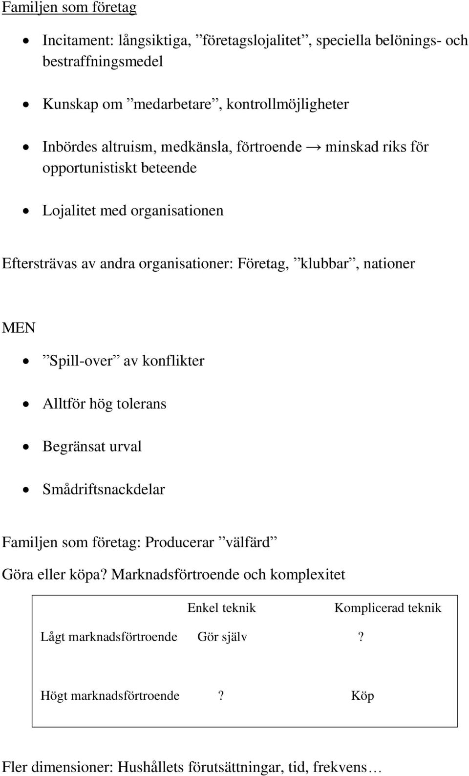 nationer MEN Spill-over av konflikter Alltför hög tolerans Begränsat urval Smådriftsnackdelar Familjen som företag: Producerar välfärd Göra eller köpa?