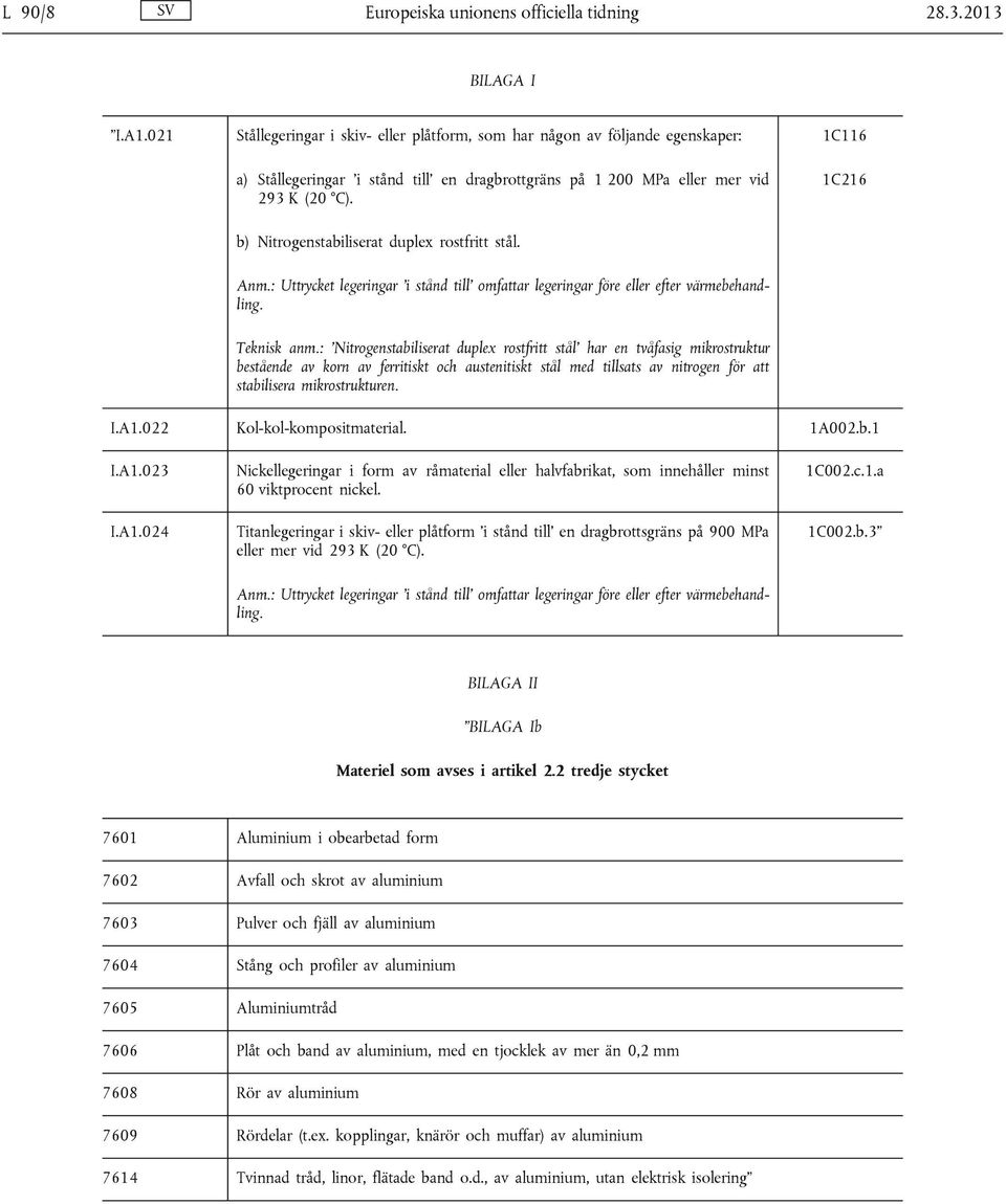 1C116 1C216 b) Nitrogenstabiliserat duplex rostfritt stål. Anm.: Uttrycket legeringar i stånd till omfattar legeringar före eller efter värmebehandling. Teknisk anm.