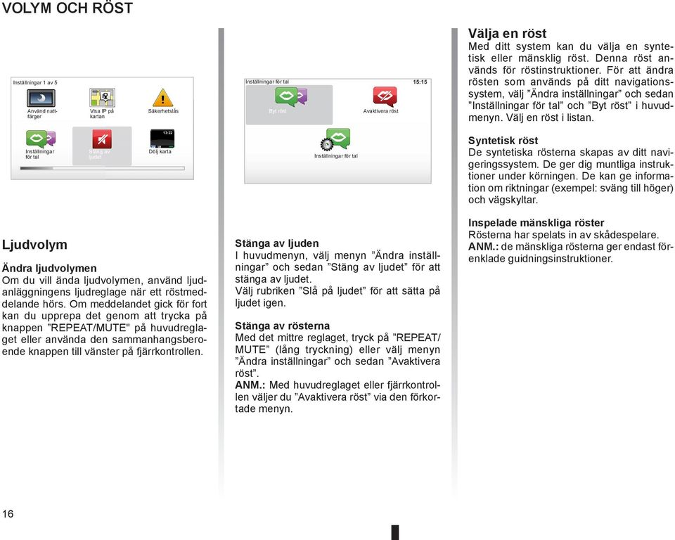 Välj en röst i listan. Inställningar för tal Stäng av ljudet 13:22 Dölj karta Inställningar för tal Syntetisk röst De syntetiska rösterna skapas av ditt navigeringssystem.