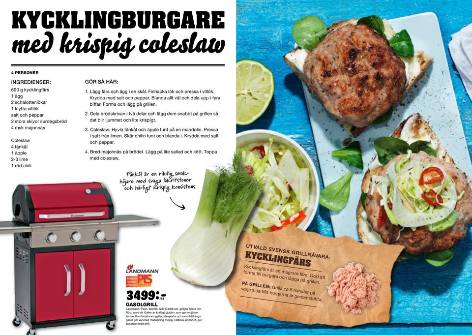 Dela brödskrivan i två delar och lägg dem snabbt på grillen så det blir ljummet och lite krispigt. 3. Coleslaw: Hyvla fänkål och äpple tunt på en mandolin. Pressa i saft från limen.