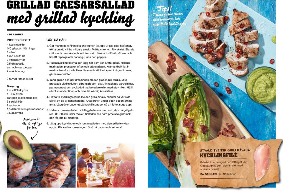 saft och skal (smaka av!) 3 sardellfiléer 2 avokado 1,5 dl färskriven parmesanost 0,5 dl olivolja Avokado är rik på nyttiga fetter. 1. Gör marinaden: Finhacka chilifrukten (skrapa ur alla eller hälften av fröna om du vill ha mildare smak).