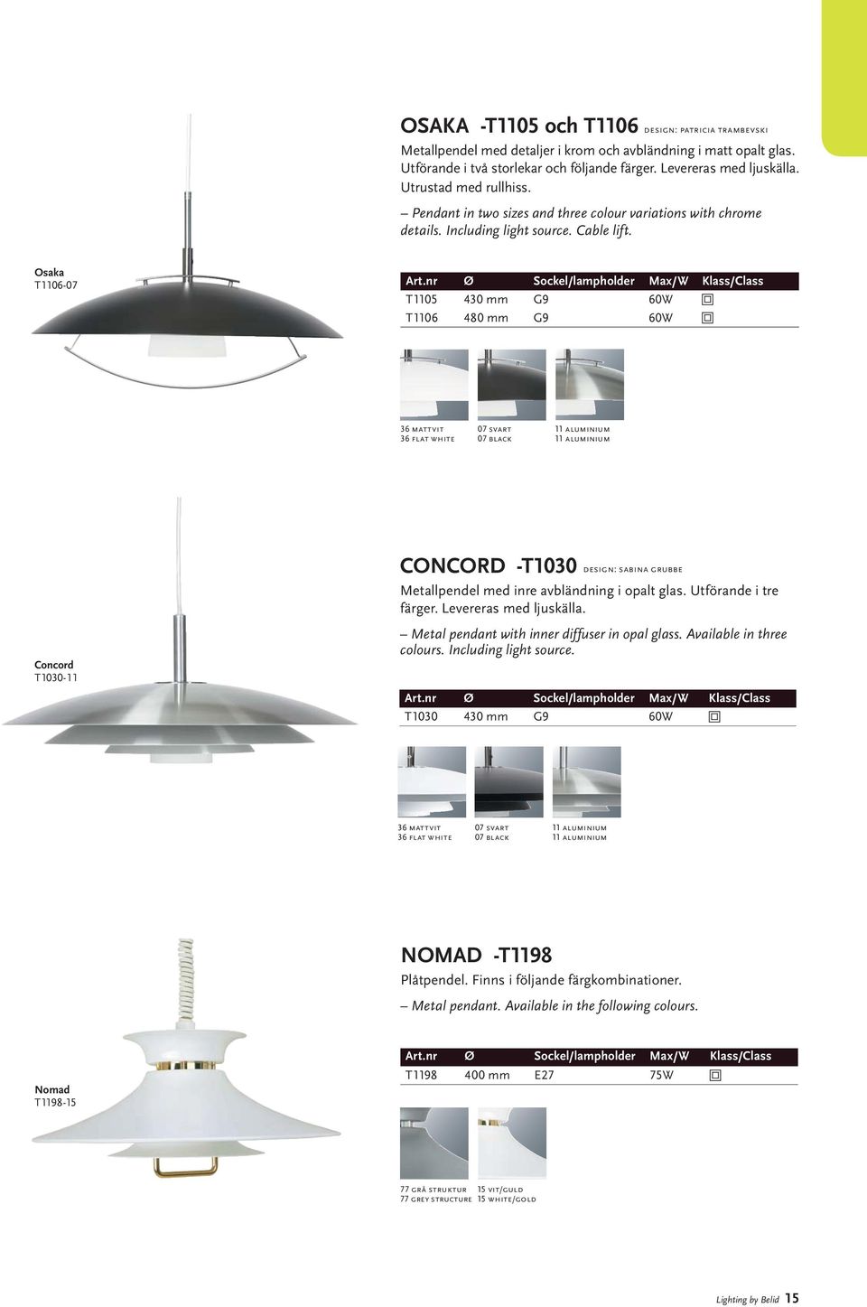 nr Ø Sockel/lampholder Max/W Klass/Class T1105 430 mm G9 60W T1106 480 mm G9 60W 36 mattvit 07 svart 11 aluminium 36 flat white 07 black 11 aluminium CONCORD -T1030 design: sabina grubbe Metallpendel