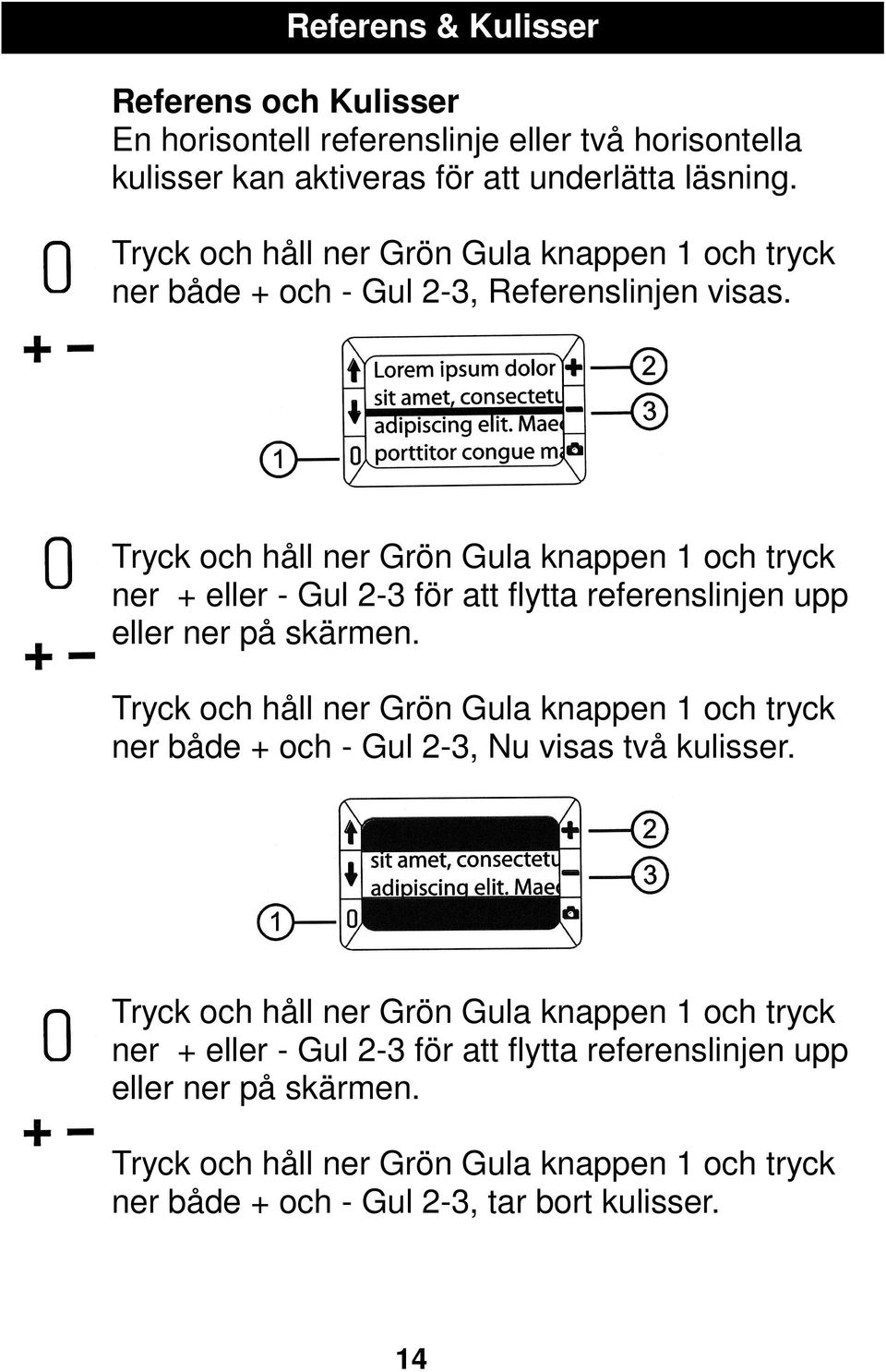 Tryck och håll ner Grön Gula knappen 1 och tryck ner + eller - Gul 2-3 för att flytta referenslinjen upp eller ner på skärmen.