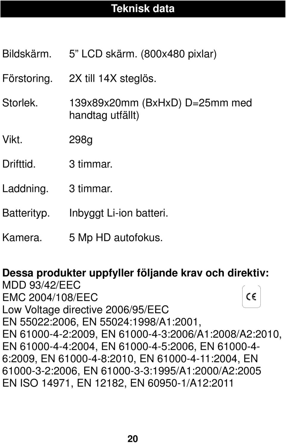 Dessa produkter uppfyller följande krav och direktiv: MDD 93/42/EEC EMC 2004/108/EEC Low Voltage directive 2006/95/EEC EN 55022:2006, EN 55024:1998/A1:2001, EN