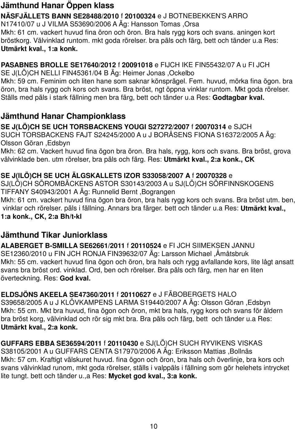 PASABNES BROLLE SE17640/2012 f 20091018 e FIJCH IKE FIN55432/07 A u FI JCH SE J(LÖ)CH NELLI FIN45361/04 B Äg: Heimer Jonas,Ockelbo Mkh: 59 cm. Feminim och liten hane som saknar könsprägel. Fem. huvud, mörka fina ögon.