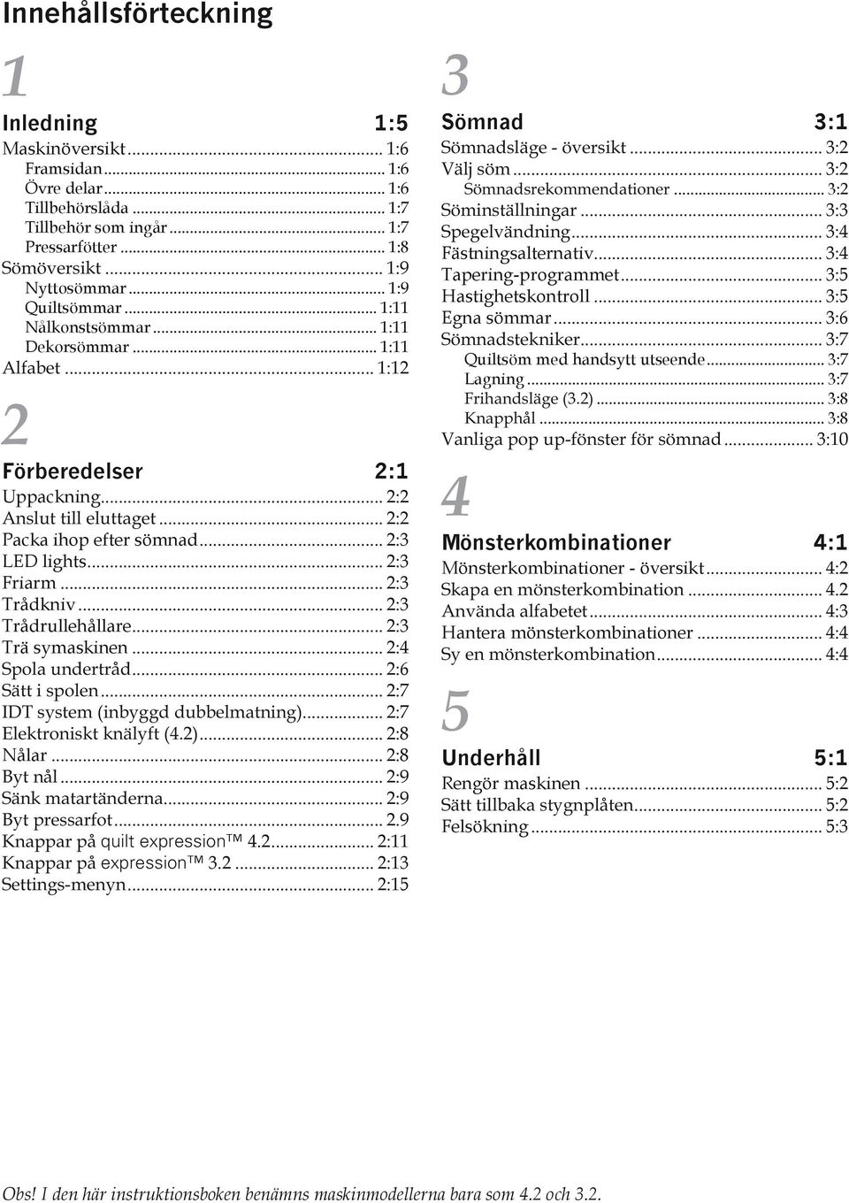 .. 2:3 Trä symaskinen... 2:4... 2:6... 2:7... 2:7... 2:8 Nålar... 2:8... 2:9... 2:9... 2.9 quilt expression 4.2... 2:11 expression 3.2... 2:13... 2:15 3 Sömnad 3:1... 3:2... 3:2... 3:2... 3:3.
