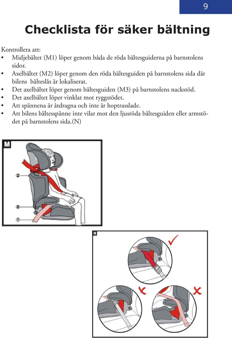 Det axelbältet löper genom bältesguiden (M3) på barnstolens nackstöd. Det axelbältet löper vinklat mot ryggstödet.