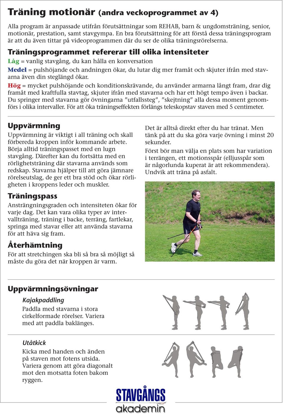 Träningsprogrammet refererar till olika intensiteter Låg = vanlig stavgång, du kan hålla en konversation Medel = pulshöjande och andningen ökar, du lutar dig mer framåt och skjuter ifrån med stavarna