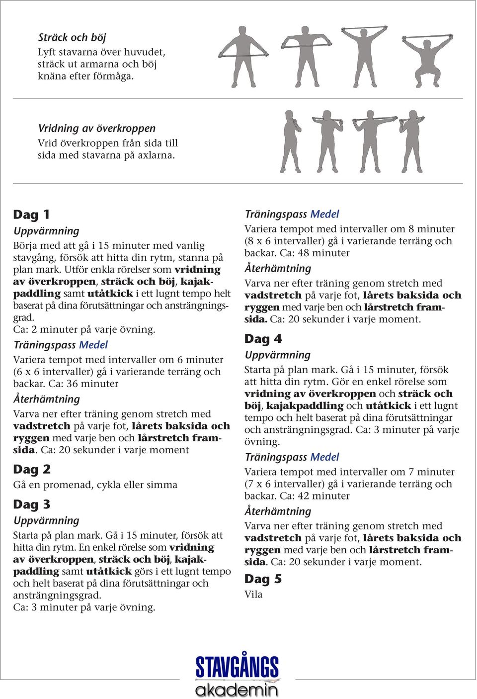 Utför enkla rörelser som vridning av överkroppen, sträck och böj, kajakpaddling samt utåtkick i ett lugnt tempo helt baserat på dina förutsättningar och ansträngningsgrad.