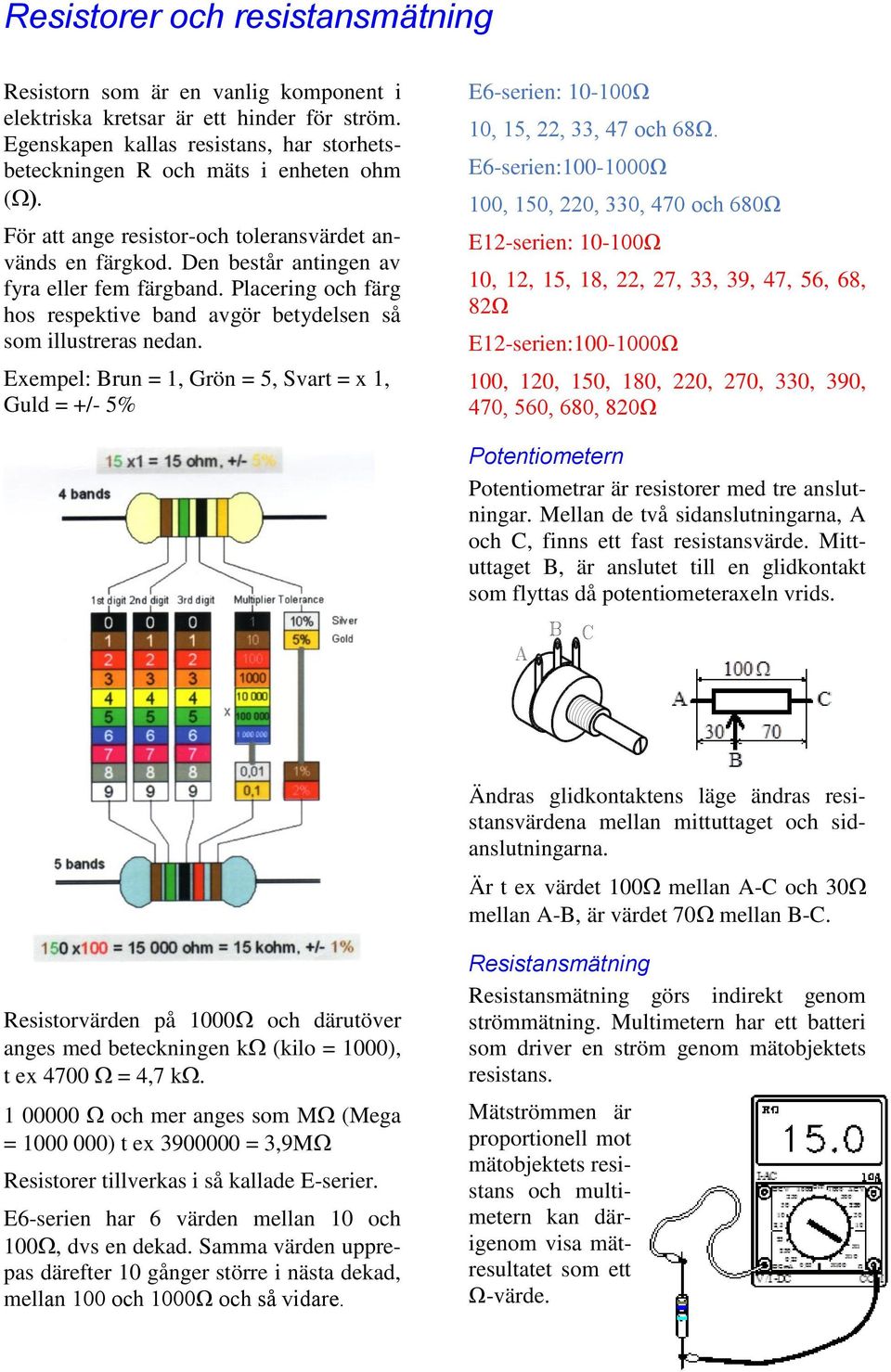 Exempel: Brun = 1, Grön = 5, Svart = x 1, Guld = +/- 5% E6-serien: -Ω, 15, 22, 33, 47 och 68Ω.