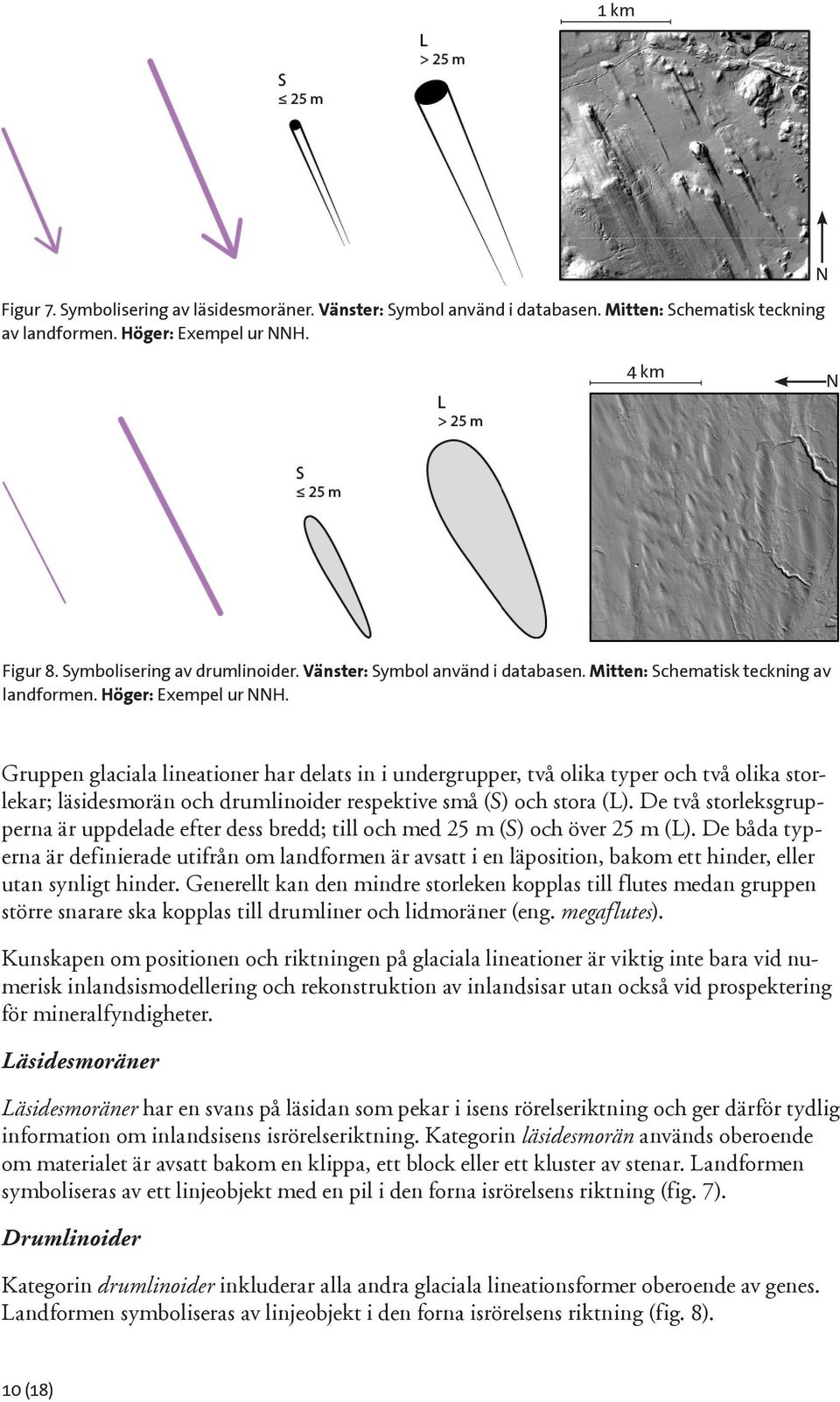 Gruppen glaciala lineationer har delats in i undergrupper, två olika typer och två olika storlekar; läsidesmorän och drumlinoider respektive små (S) och stora (L).