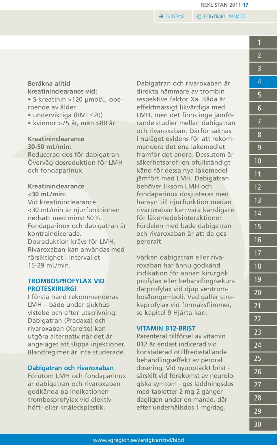 Fondaparinux och dabigatran är kontraindicerade. Dosreduktion krävs för LMH. Rivaroxaban kan användas med försiktighet i intervallet 5-9 ml/min.