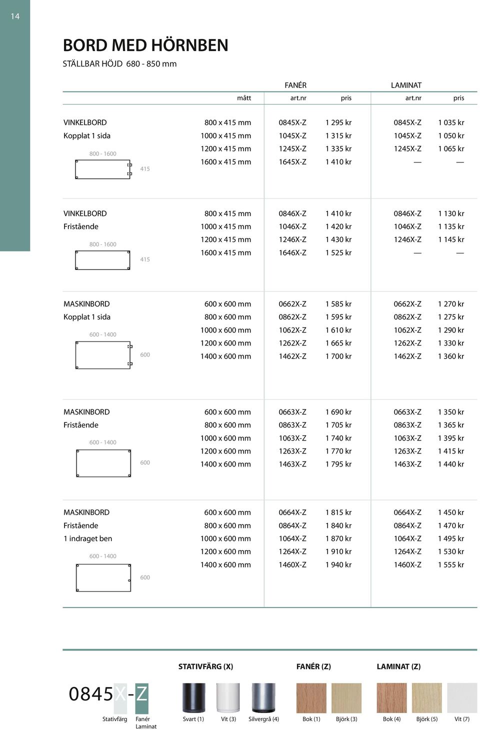 1645X-Z 1 410 kr 415 VINKELBORD x 415 mm 0846X-Z 1 410 kr 0846X-Z 1 130 kr Fristående 1000 x 415 mm 1046X-Z 1 420 kr 1046X-Z 1 135 kr - 1600 1200 x 415 mm 1246X-Z 1 430 kr 1246X-Z 1 145 kr 1600 x 415