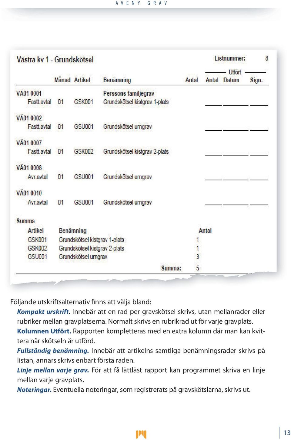 Kolumnen Utfört. Rapporten kompletteras med en extra kolumn där man kan kvittera när skötseln är utförd. Fullständig benämning.