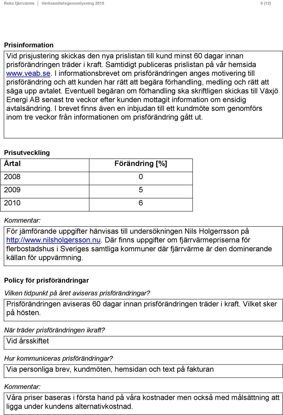 I informationsbrevet om prisförändringen anges motivering till prisförändring och att kunden har rätt att begära förhandling, medling och rätt att säga upp avtalet.