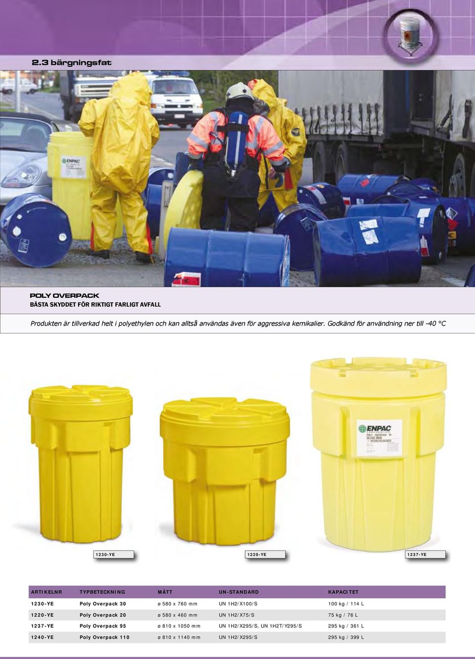 Godkänd för användning ner till -40 C 1230-YE 1220-YE 1237-YE ARTIKELNR TYPBETECKNING MÅTT UN-STANDARD KAPACITET 1230-YE Poly Overpack 30 ø 580 x