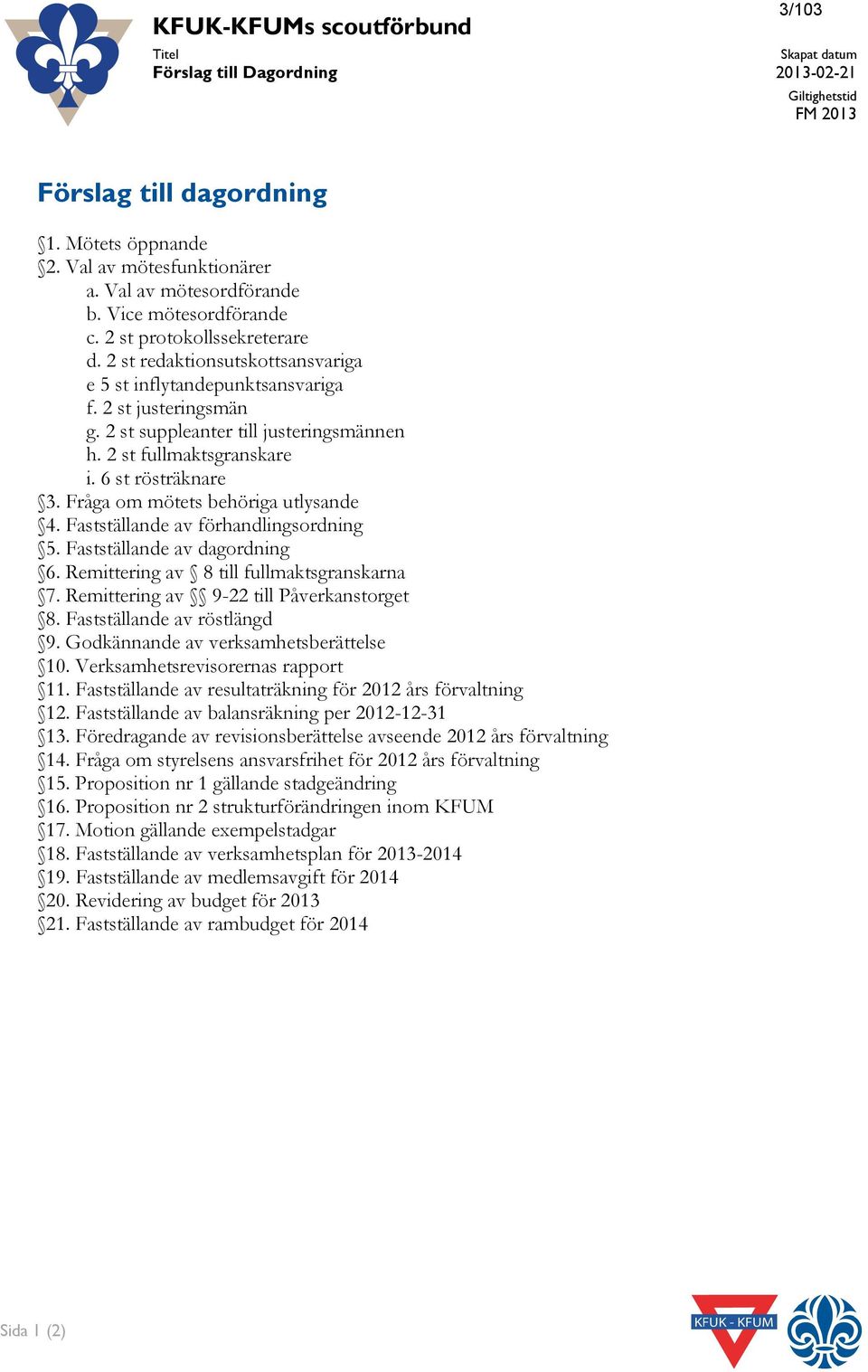 2 st suppleanter till justeringsmännen h. 2 st fullmaktsgranskare i. 6 st rösträknare 3. Fråga om mötets behöriga utlysande 4. Fastställande av förhandlingsordning 5. Fastställande av dagordning 6.