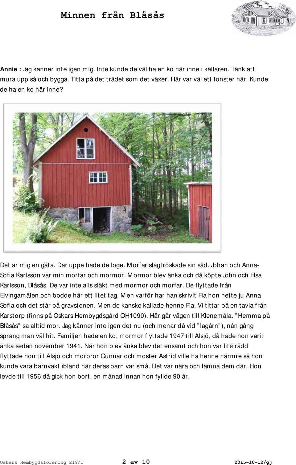 Mormor blev änka och då köpte John och Elsa Karlsson, Blåsås. De var inte alls släkt med mormor och morfar. De flyttade från Elvingamålen och bodde här ett litet tag.