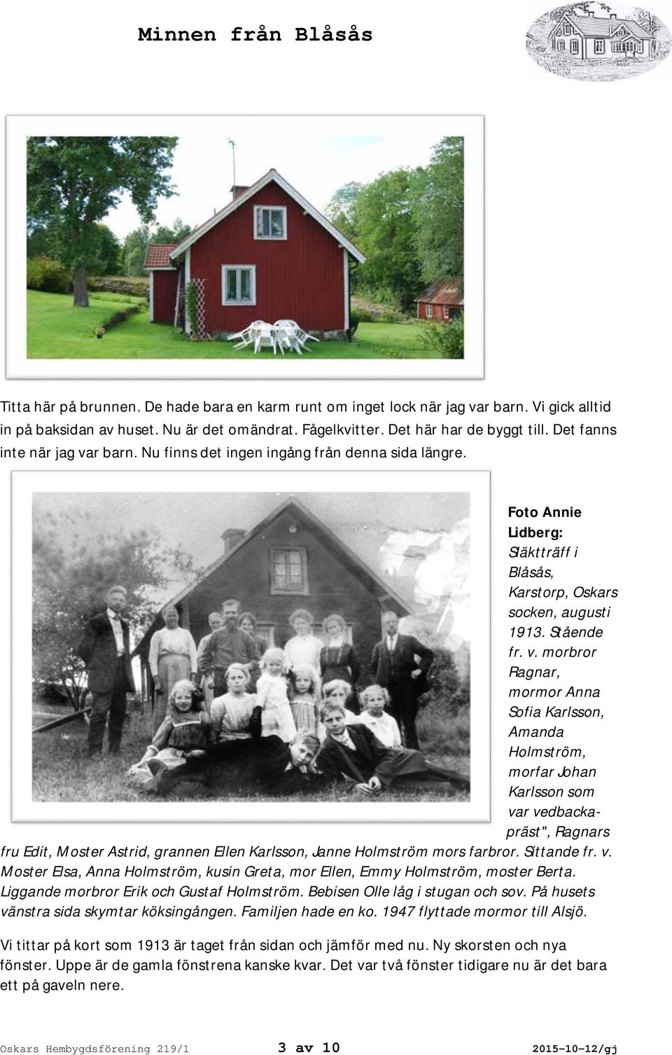 r barn. Nu finns det ingen ingång från denna sida längre. Foto Annie Lidberg: Släktträff i Blåsås, Karstorp, Oskars socken, augusti 1913. Stående fr. v.