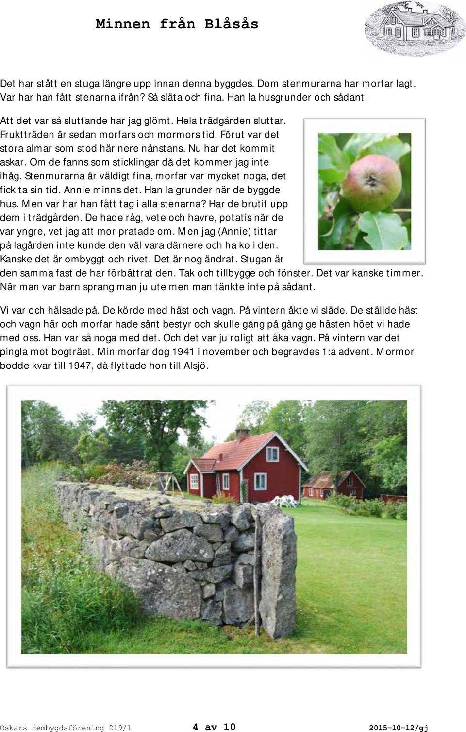 Om de fanns som sticklingar då det kommer jag inte ihåg. Stenmurarna är väldigt fina, morfar var mycket noga, det fick ta sin tid. Annie minns det. Han la grunder när de byggde hus.