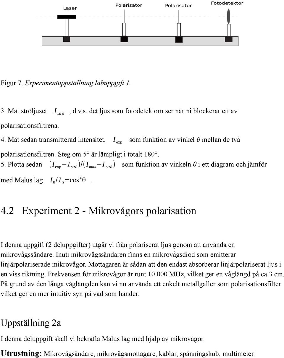 är lämpligt i totalt 180. 5. Plotta sedan (I exp I strö )/(I max I strö ) som funktion av vinkeln θ i ett diagram och jämför med Malus lag 2 I θ / I 0 =cos θ. 4.