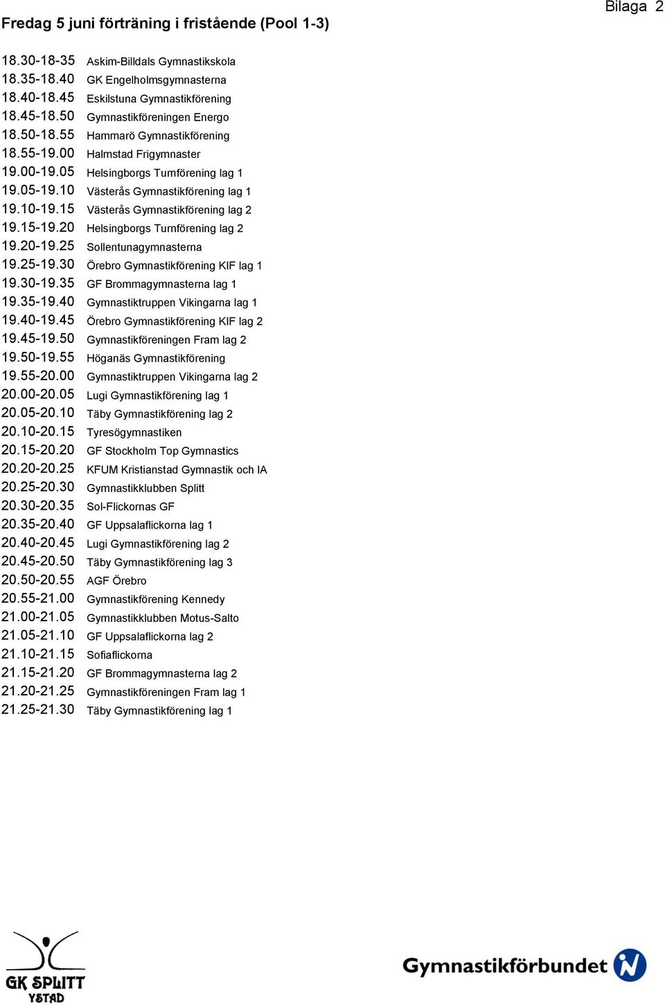 15 Västerås Gymnastikförening lag 2 19.15-19.20 Helsingborgs Turnförening lag 2 19.20-19.25 Sollentunagymnasterna 19.25-19.30 Örebro Gymnastikförening KIF lag 1 19.30-19.