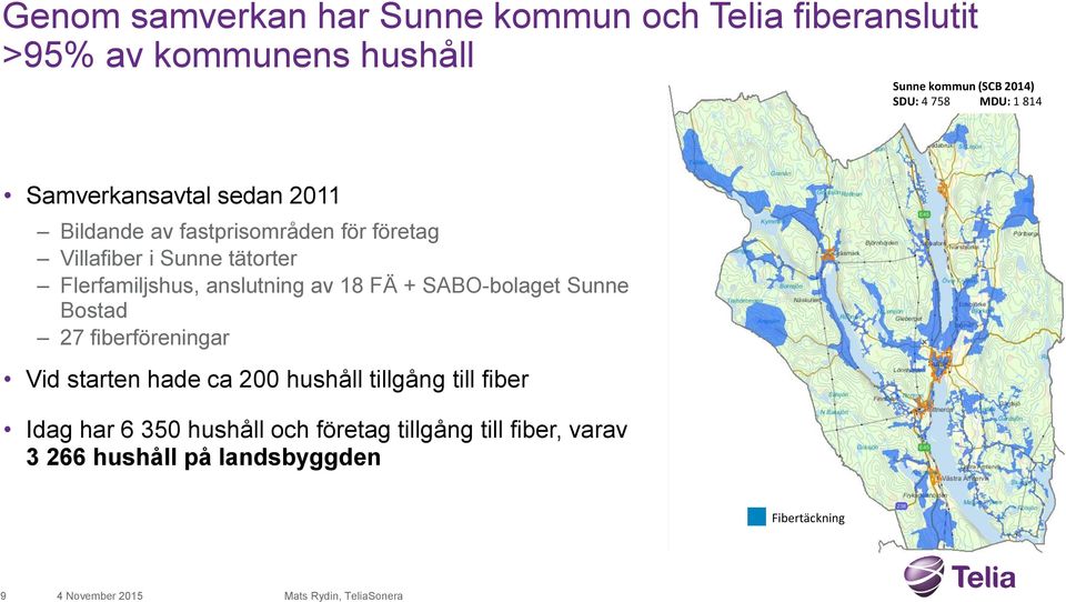 Flerfamiljshus, anslutning av 18 FÄ + SABO-bolaget Sunne Bostad 27 fiberföreningar Vid starten hade ca 200 hushåll