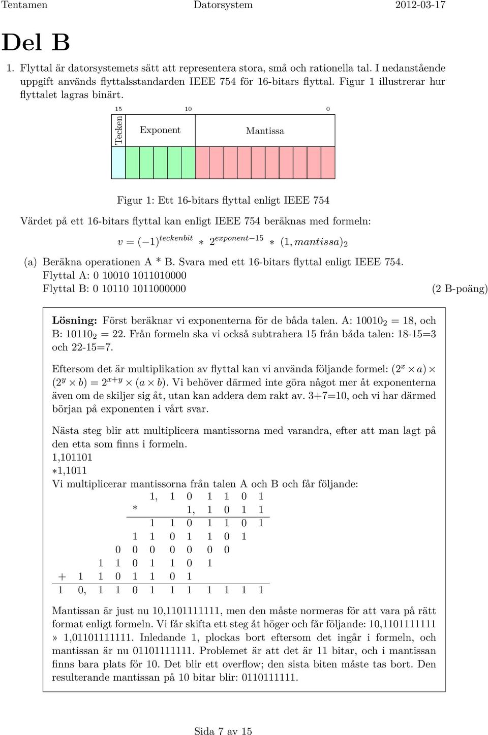 15 10 0 Tecken Exponent Mantissa Figur 1: Ett 16-bitars flyttal enligt IEEE 754 Värdet på ett 16-bitars flyttal kan enligt IEEE 754 beräknas med formeln: v = ( 1) teckenbit 2 exponent 15 (1,