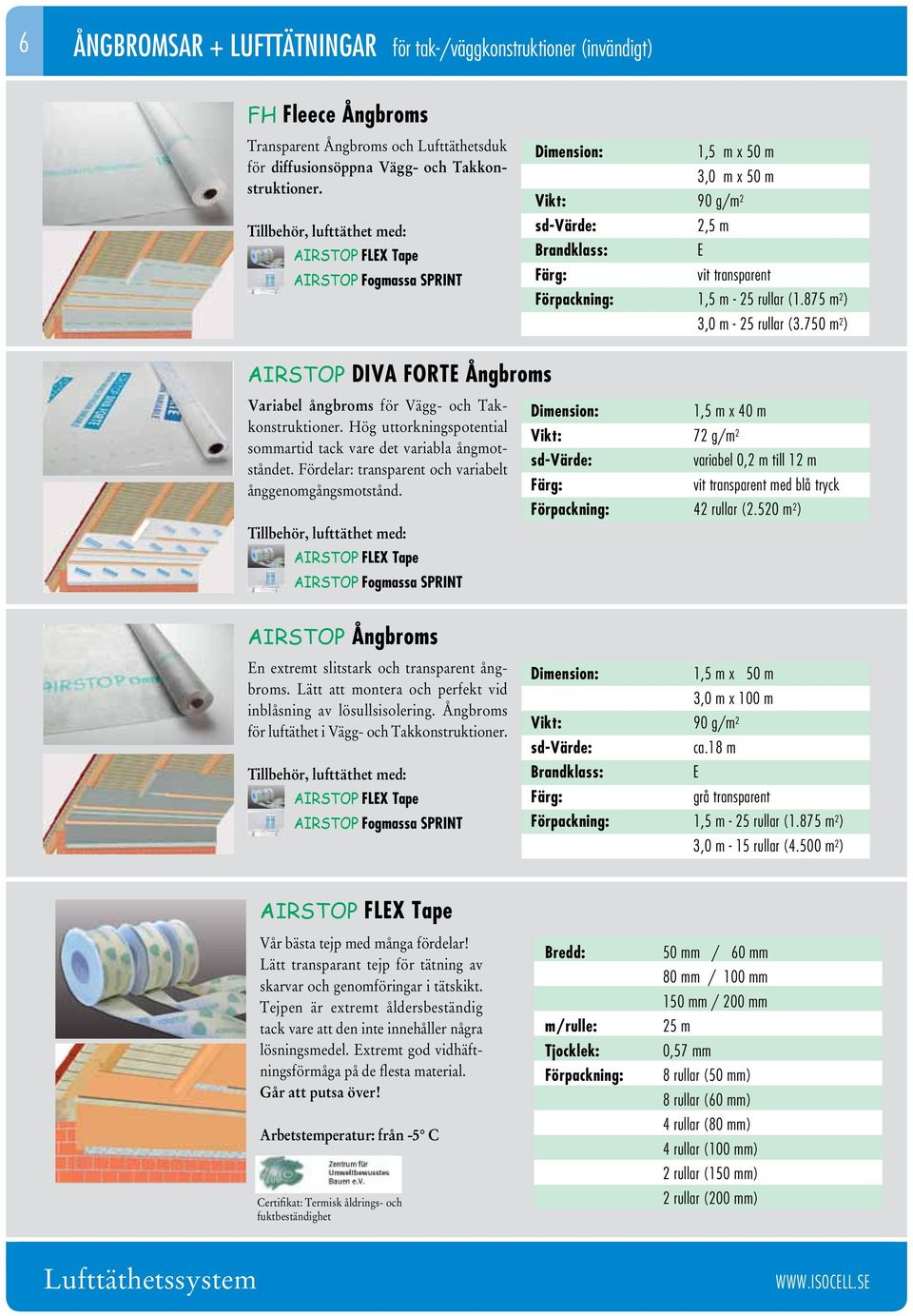 750 m 2 ) AIRSTOP DIVA FORTE Ångbroms Variabel ångbroms för Vägg- och Takkonstruktioner. Hög uttorkningspotential sommartid tack vare det variabla ångmotståndet.