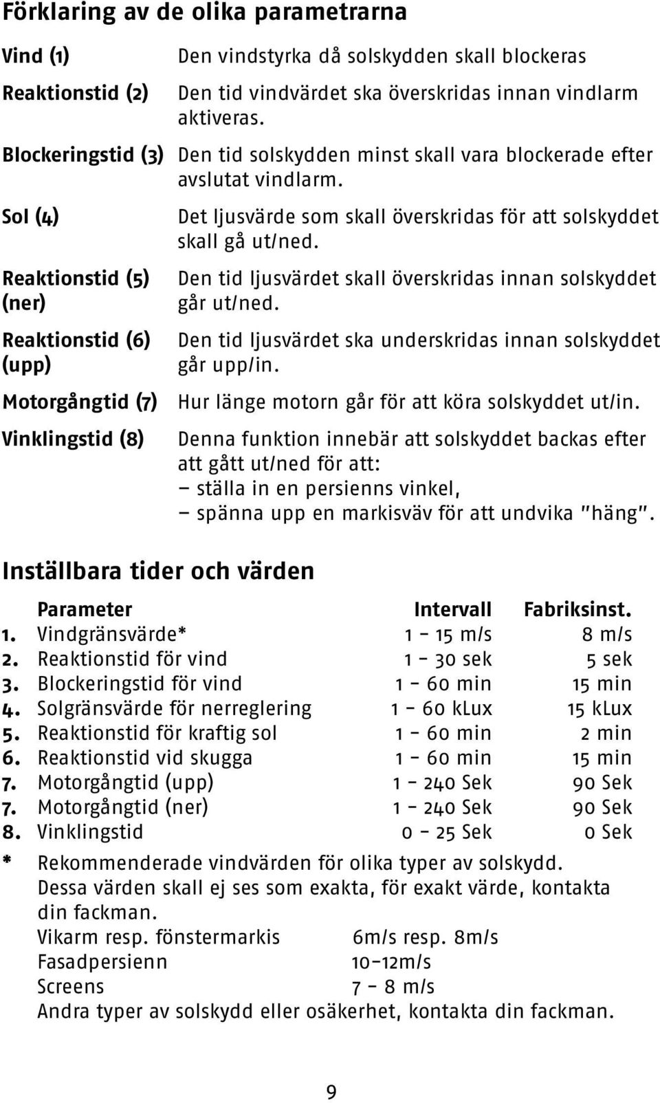 Sol (4) Reaktionstid (5) (ner) Reaktionstid (6) (upp) Det ljusvärde som skall överskridas för att solskyddet skall gå ut/ned. Den tid ljusvärdet skall överskridas innan solskyddet går ut/ned.