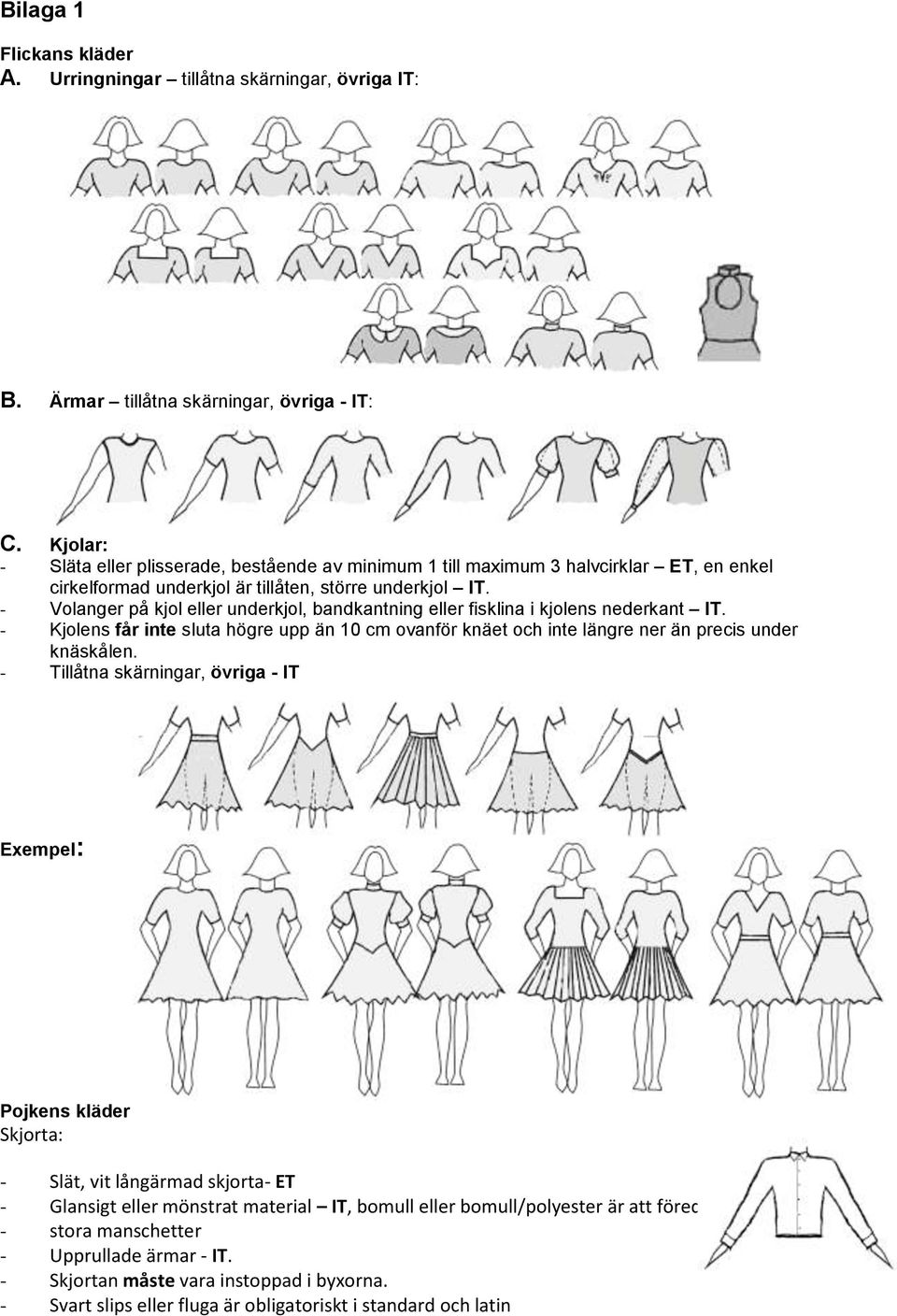 - Volanger på kjol eller underkjol, bandkantning eller fisklina i kjolens nederkant IT. - Kjolens får inte sluta högre upp än 10 cm ovanför knäet och inte längre ner än precis under knäskålen.