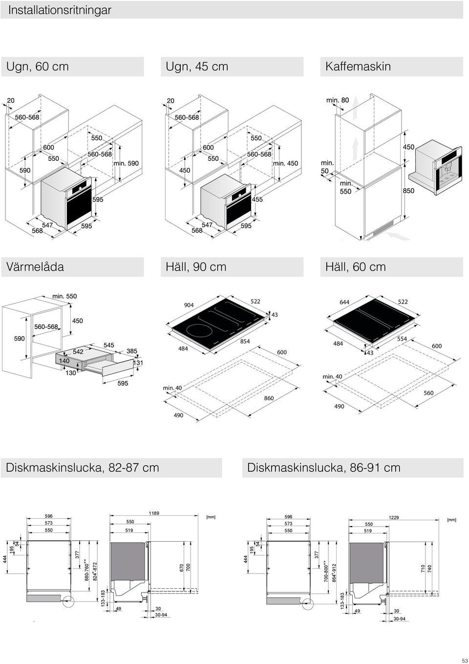 40 490 860 490 560 Diskmaskinslucka, 82-87 cm Diskmaskinslucka, 86-91 cm 596 573 550 550 519