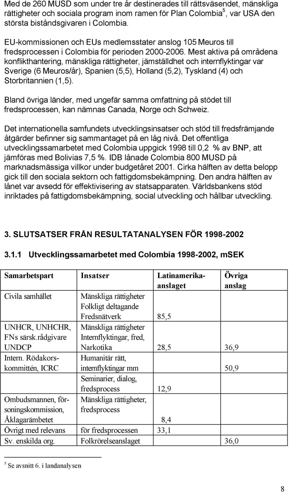 Mest aktiva på områdena konflikthantering, mänskliga rättigheter, jämställdhet och internflyktingar var Sverige (6 Meuros/år), Spanien (5,5), Holland (5,2), Tyskland (4) och Storbritannien (1,5).