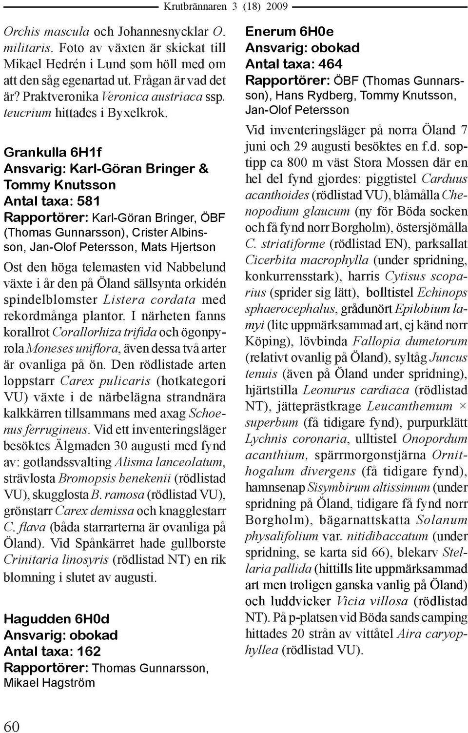 Grankulla 6H1f Ansvarig: Karl-Göran Bringer & Tommy Knutsson Antal taxa: 581 Rapportörer: Karl-Göran Bringer, ÖBF (Thomas Gunnarsson), Crister Albinsson, Jan-Olof Petersson, Mats Hjertson Ost den