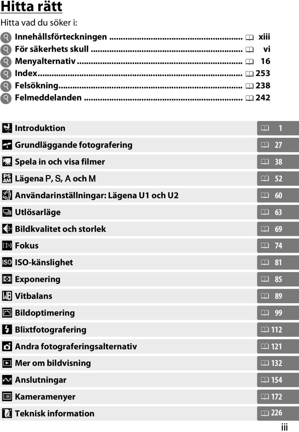 .. 0 242 X Introduktion 0 1 s Grundläggande fotografering 0 27 y Spela in och visa filmer 0 38 # Lägena P, S, A och M 0 52 $ Användarinställningar: Lägena U1 och U2