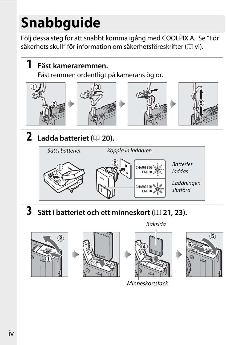 Fäst remmen ordentligt på kamerans öglor. 2 Ladda batteriet (0 20).